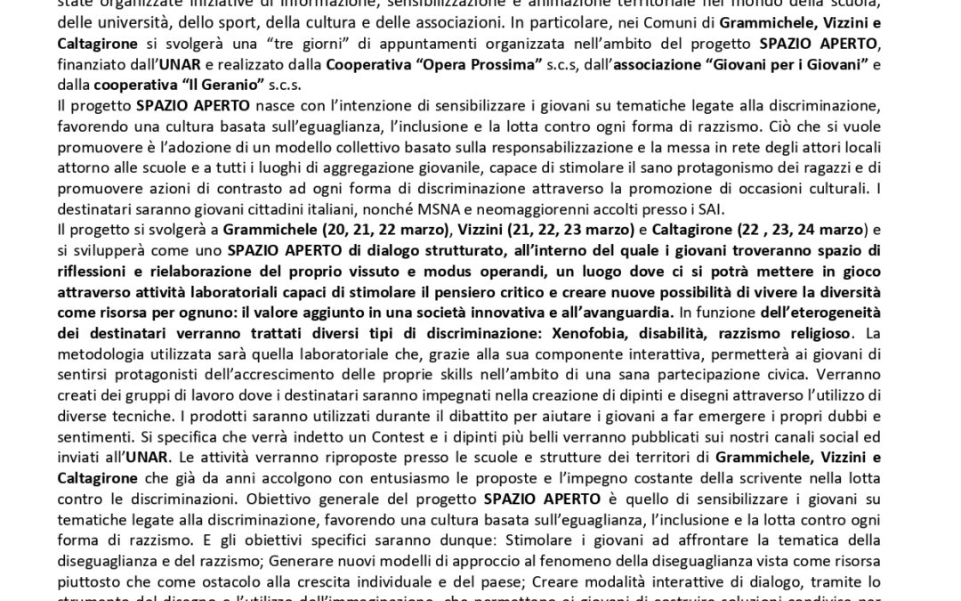 Com. Stampa (19.03.2023) UNAR. XIX Settimana di azione contro il razzismo. Tre giorni di iniziative a Grammichele, Vizzini e Caltagirone, con il progetto SPAZIO APERTO. Coinvolte le Cooperative sociali “Opera Prossima”e “Il Geranio”, con l’associazione “Giovani per i Giovani”
