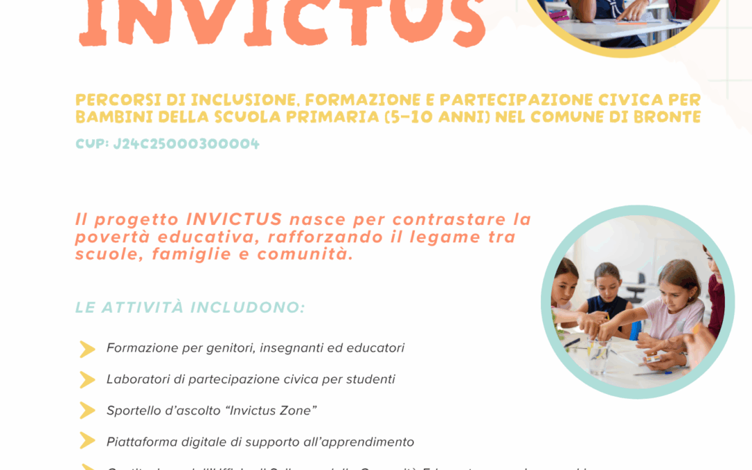 Al via il progetto INVICTUS – Percorsi di inclusione, formazione e partecipazione civica per bambini della scuola primaria (5-10 anni) nel comune di Bronte